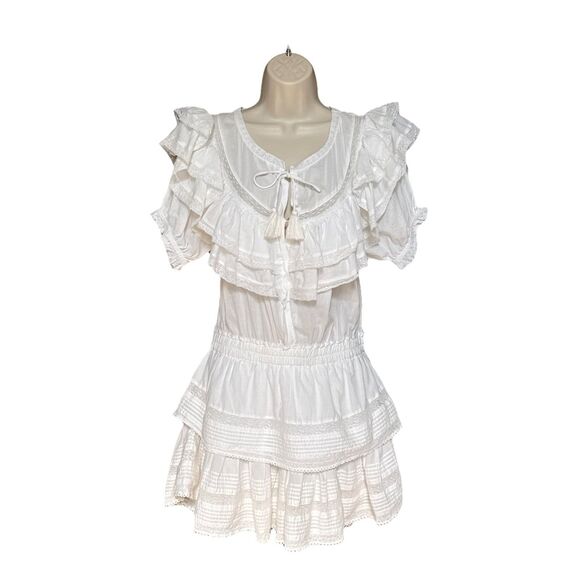 Love Shack Fancy Liv Size M Cotton Ruffled White Dress Tassels Tiered - Picture 6 of 16